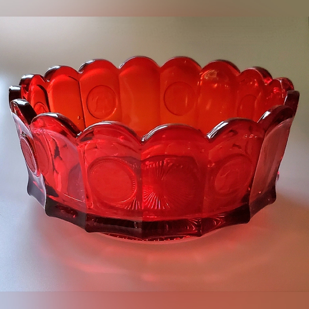 Vibrant Ruby Red 8 Coin Fostoria 7 1/2" Round Heavy Glass Art Bowl